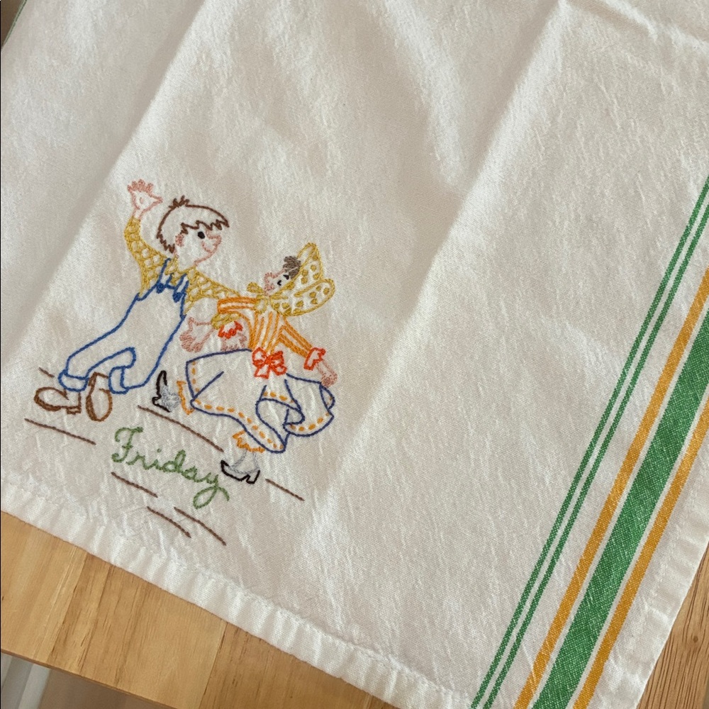 Embroidered “Friday” Tea Towel with Dancing Couple side stripes - Picture 2 of 2